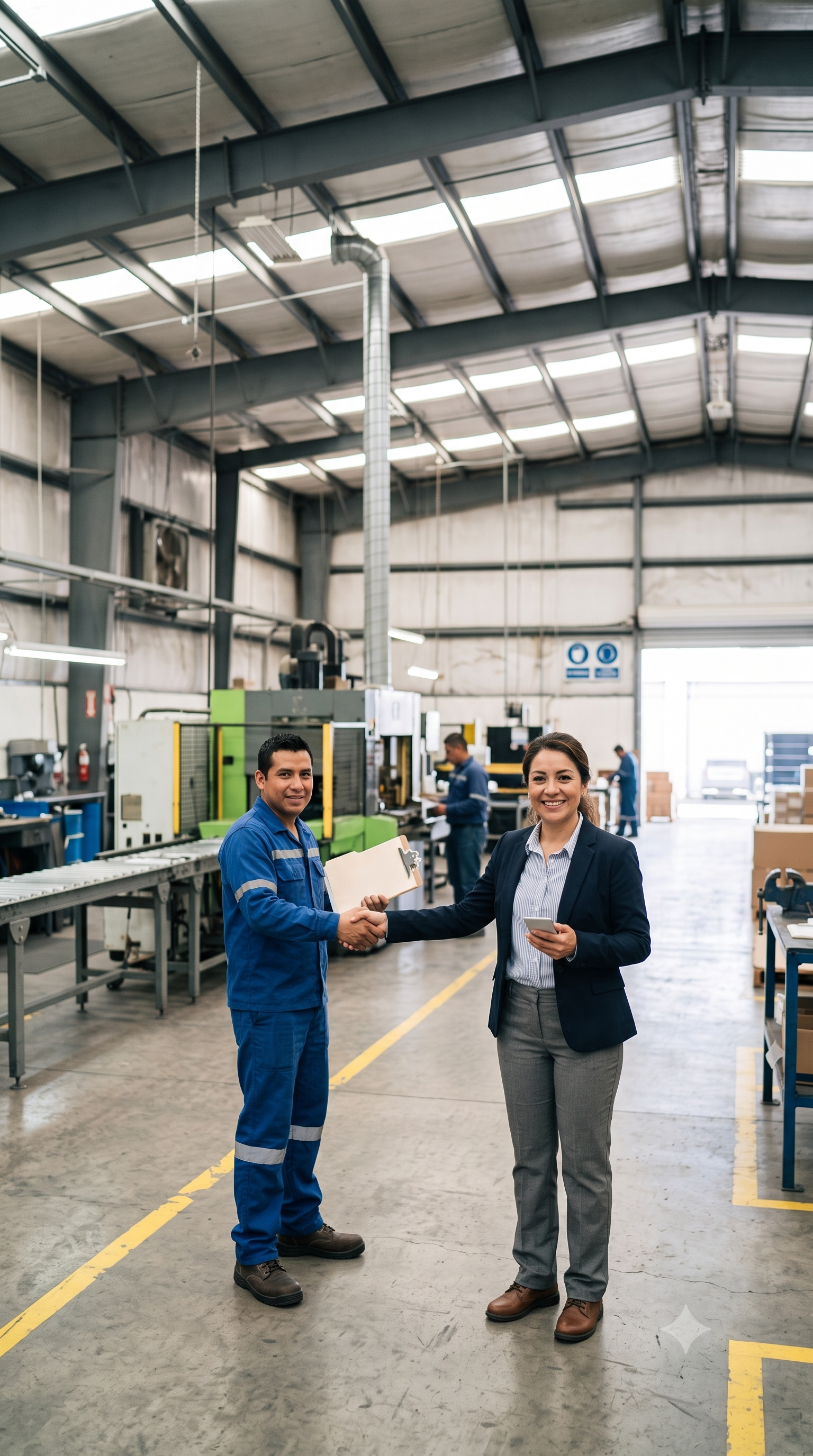 Supervisora y operador se saludan en una planta industrial