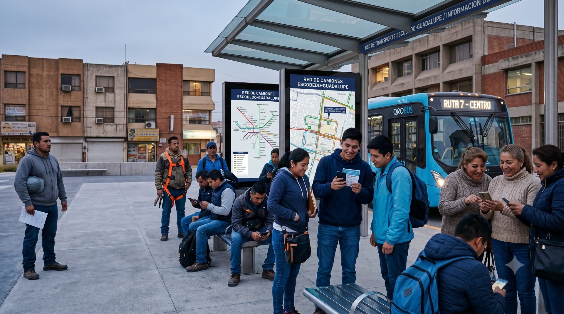Trabajadores y estudiantes consultan vacantes en sus teléfonos en una parada de camión con WiFri